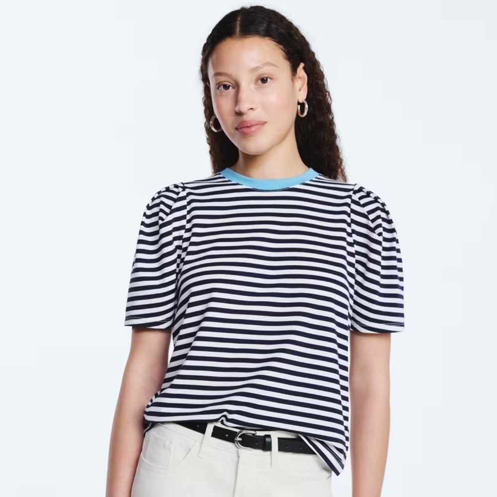 Free Assembly Top Womens XL Navy White Striped Puff Sleeve Ringer Tee Cotton